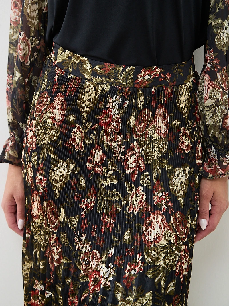 Satin Double Pleated Midi Skirt