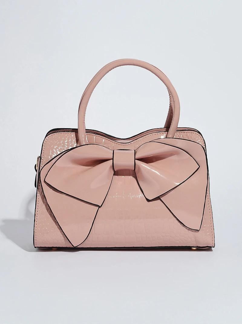 Soft Pink Croco Handbag with Bow