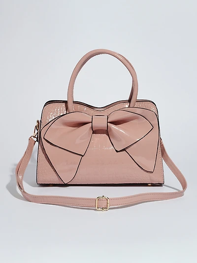 Soft Pink Croco Handbag with Bow