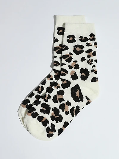 White Leopard Print Crew Socks