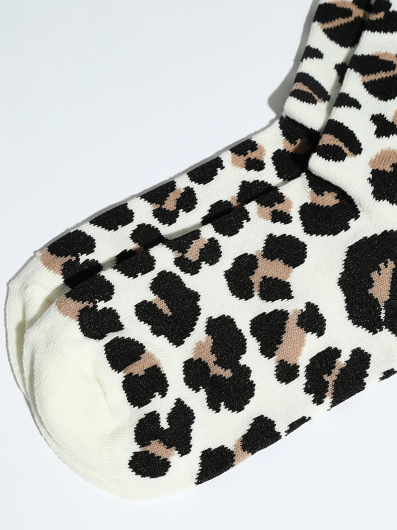 White Leopard Print Crew Socks