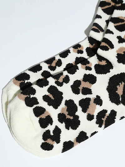 White Leopard Print Crew Socks