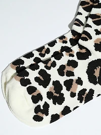 White Leopard Print Crew Socks