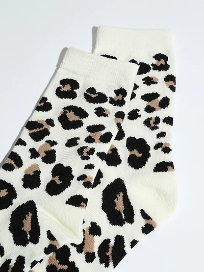White Leopard Print Crew Socks