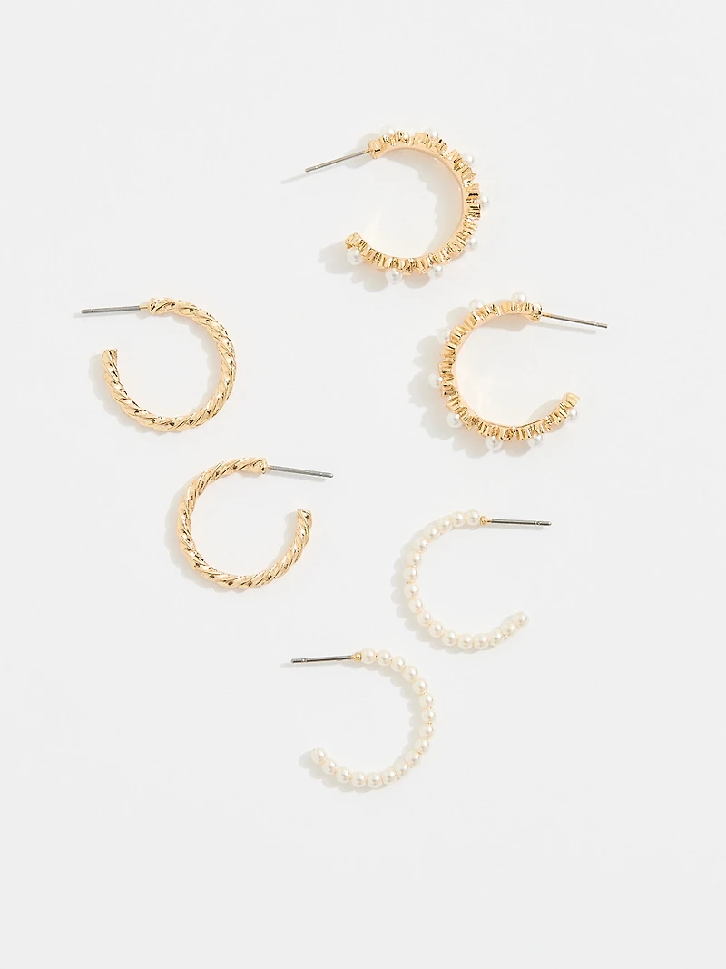 Gold/Pearl/Rhinestone Small Hoop Trio