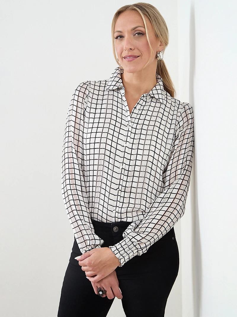 Long Sleeve Button-Front Smocked Cuff Blouse