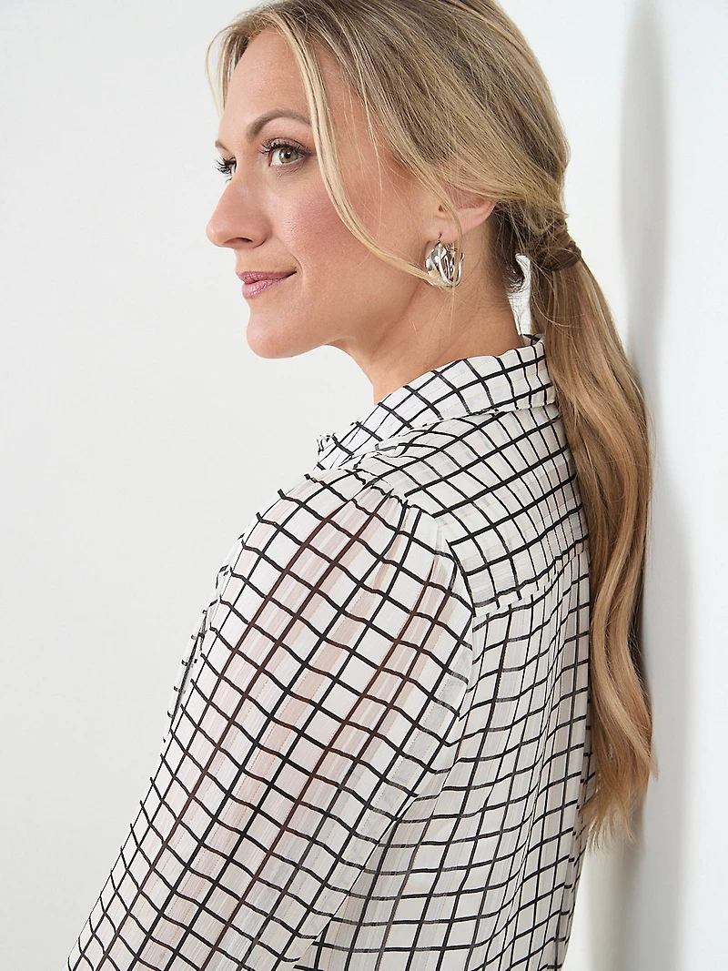 Long Sleeve Button-Front Smocked Cuff Blouse