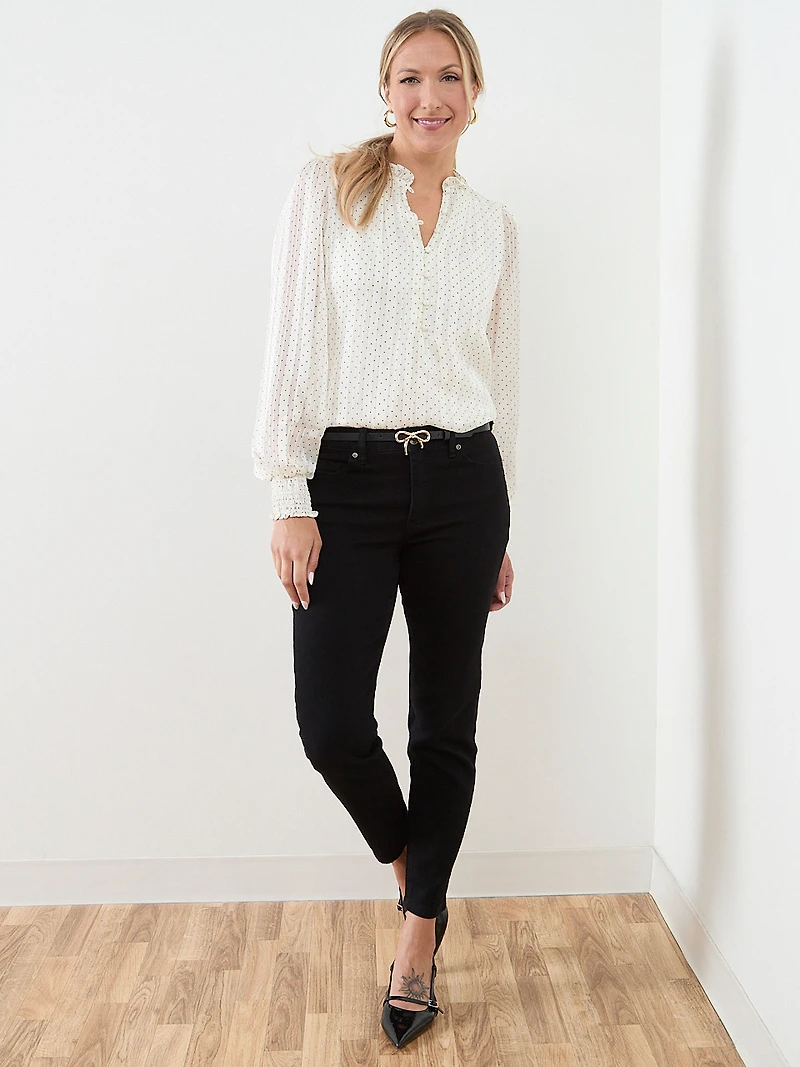 Long Sleeve Smocked-Cuff Button-Down Blouse