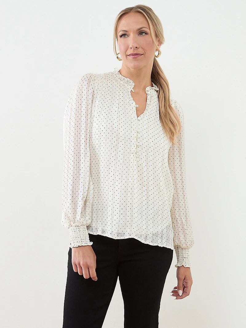 Long Sleeve Smocked-Cuff Button-Down Blouse