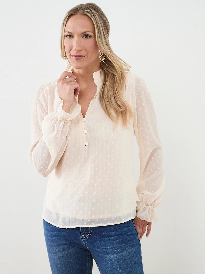Ruffle Cuff & Flower Button Blouse