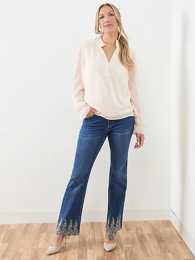 Ruffle Cuff & Flower Button Blouse