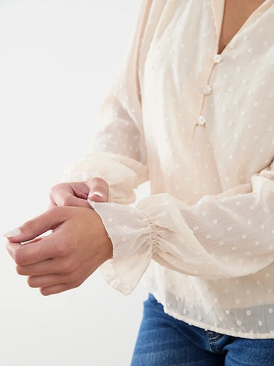 Ruffle Cuff & Flower Button Blouse