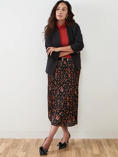Petite Satin Double Pleated Midi Skirt in Floral Print