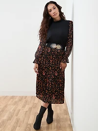 Petite Satin Double Pleated Midi Skirt in Floral Print