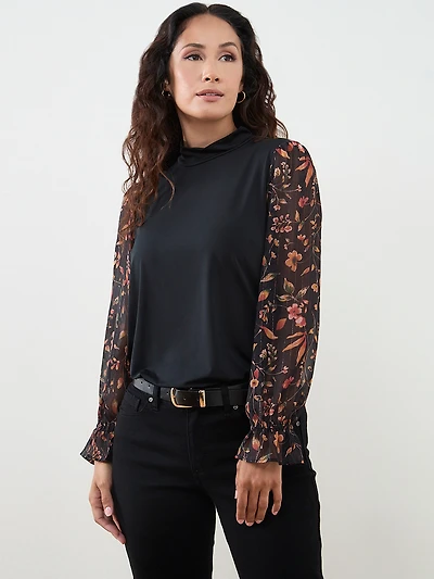 Petite Mock Neck Mixed Media Top