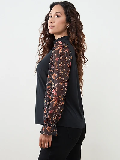 Petite Mock Neck Mixed Media Top
