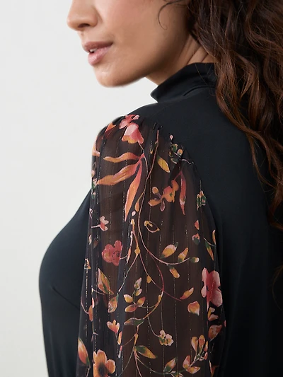 Petite Mock Neck Mixed Media Top