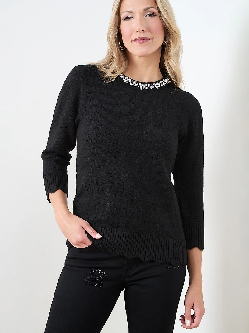 3/4 Sleeve Jeweled Pullover