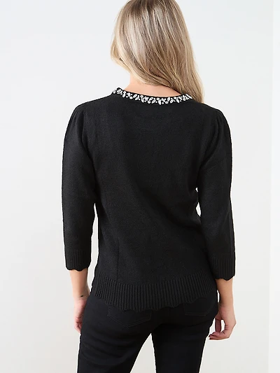 3/4 Sleeve Jeweled Pullover