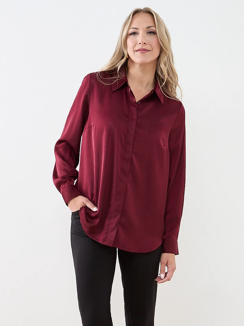 Long Sleeve Collared Satin Blouse