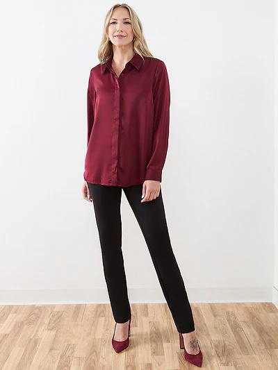 Long Sleeve Collared Satin Blouse