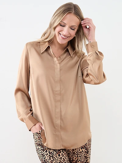 Long-Sleeve Collared Satin Blouse