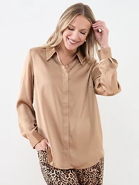 Long-Sleeve Collared Satin Blouse
