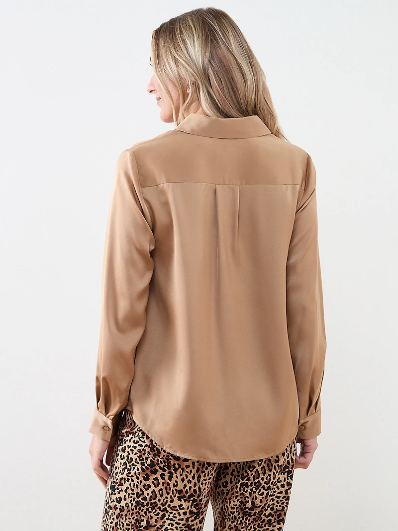 Long-Sleeve Collared Satin Blouse
