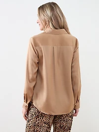 Long-Sleeve Collared Satin Blouse
