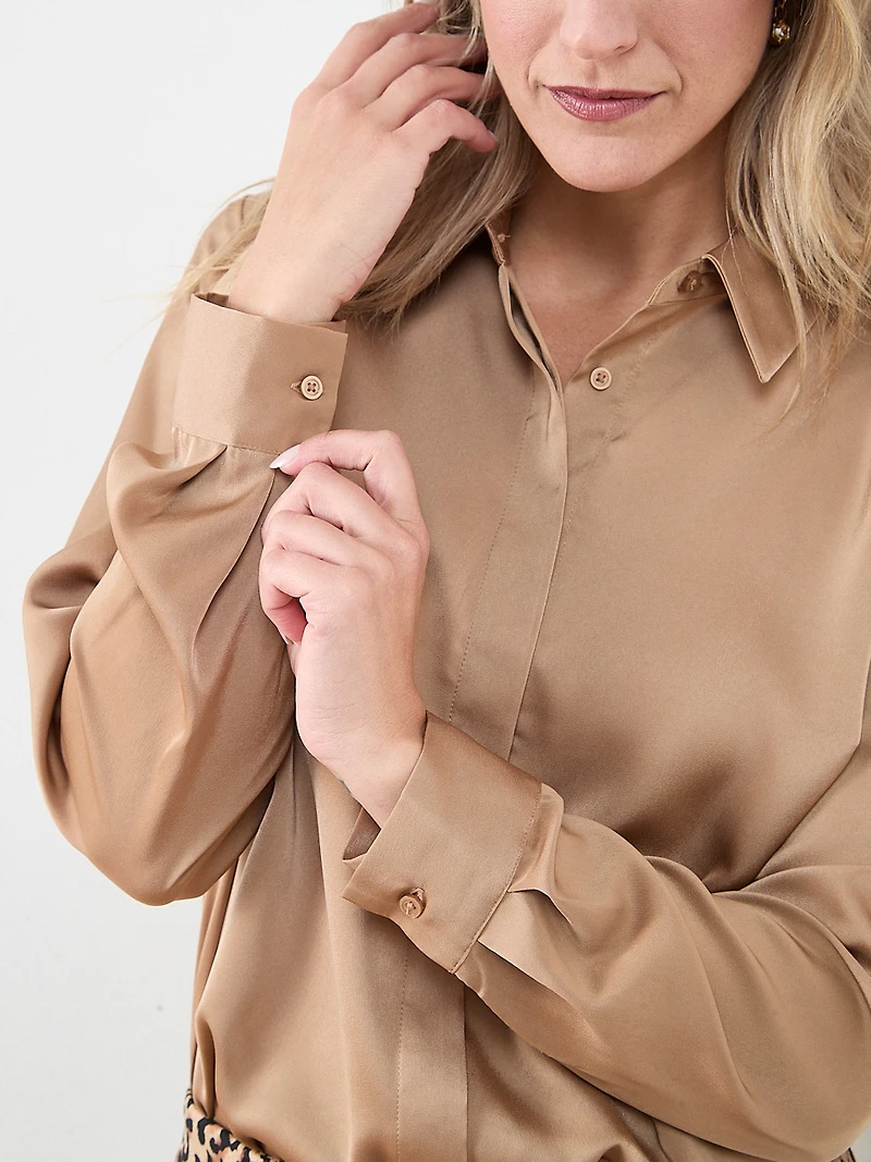 Long-Sleeve Collared Satin Blouse