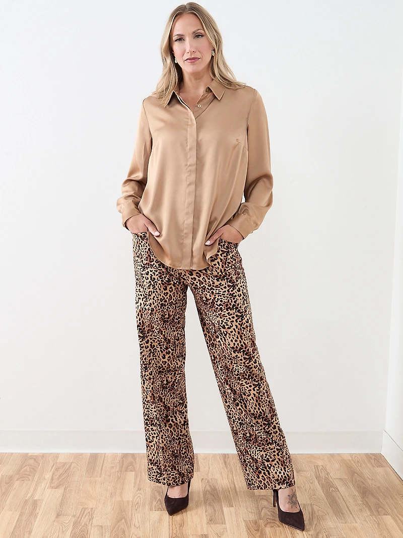 Long-Sleeve Collared Satin Blouse