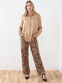 Long-Sleeve Collared Satin Blouse