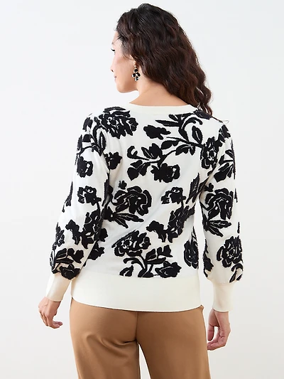 Petite Floral Crew-Neck Pullover Sweater