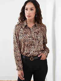 Petite Long Sleeve Collared Satin Blouse