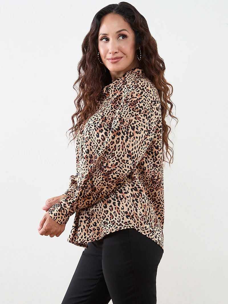 Petite Long Sleeve Collared Satin Blouse