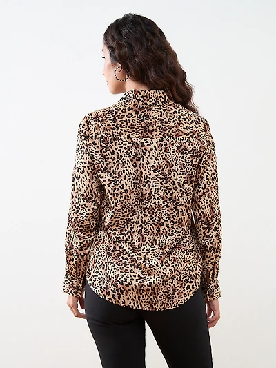 Petite Long Sleeve Collared Satin Blouse