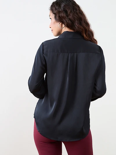 Petite Long-Sleeve Collared Satin Blouse
