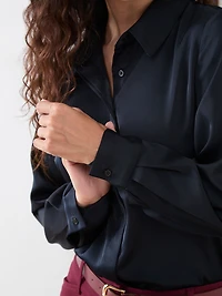 Petite Long-Sleeve Collared Satin Blouse