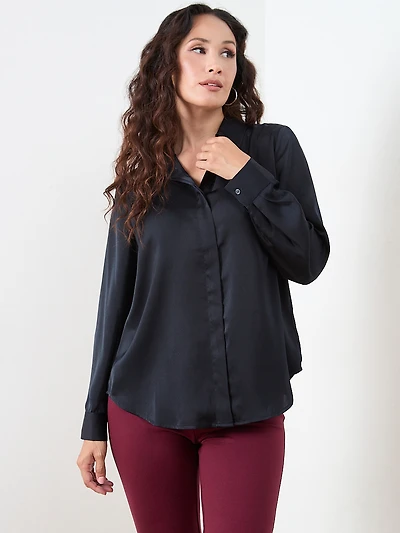 Petite Long-Sleeve Collared Satin Blouse