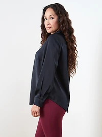 Petite Long-Sleeve Collared Satin Blouse