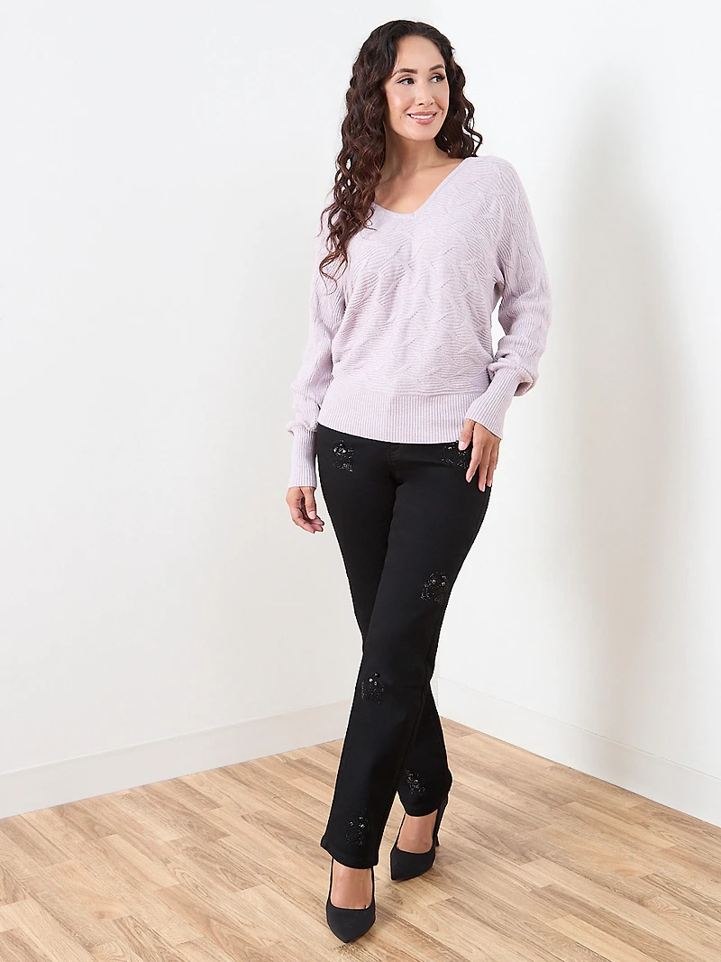 Petite Novelty Stitch V-Neck Pullover Sweater