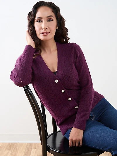 Petite Pointelle Knit Flower-Button Cardigan