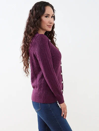 Petite Pointelle Knit Flower-Button Cardigan