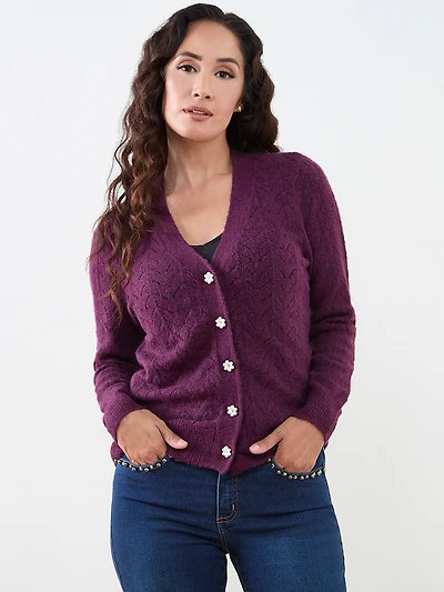 Petite Pointelle Knit Flower-Button Cardigan