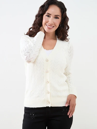 Petite Pointelle-Knit Flower-Button Cardigan
