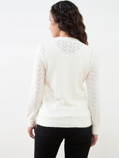 Petite Pointelle-Knit Flower-Button Cardigan