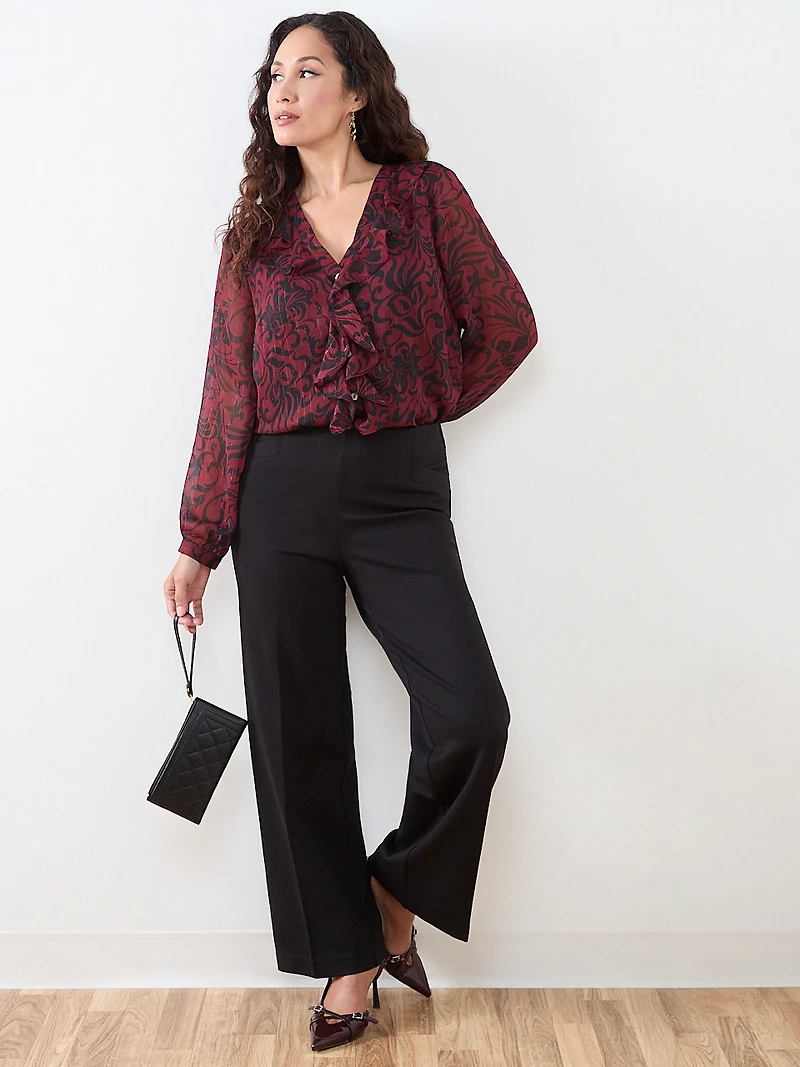 Petite V-Neck Ruffle Front Blouse