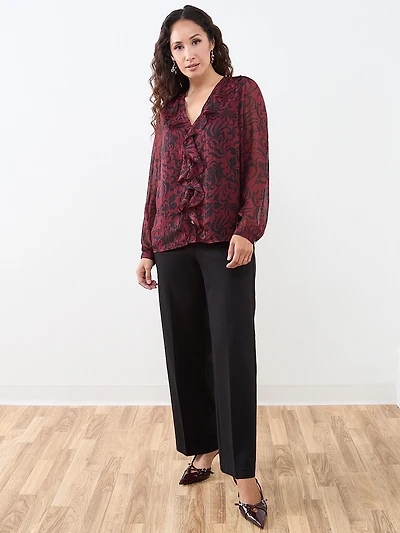 Petite V-Neck Ruffle Front Blouse