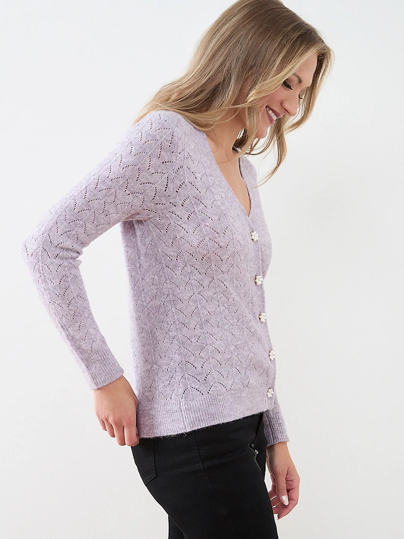 Pointelle Knit Flower-Button Cardigan