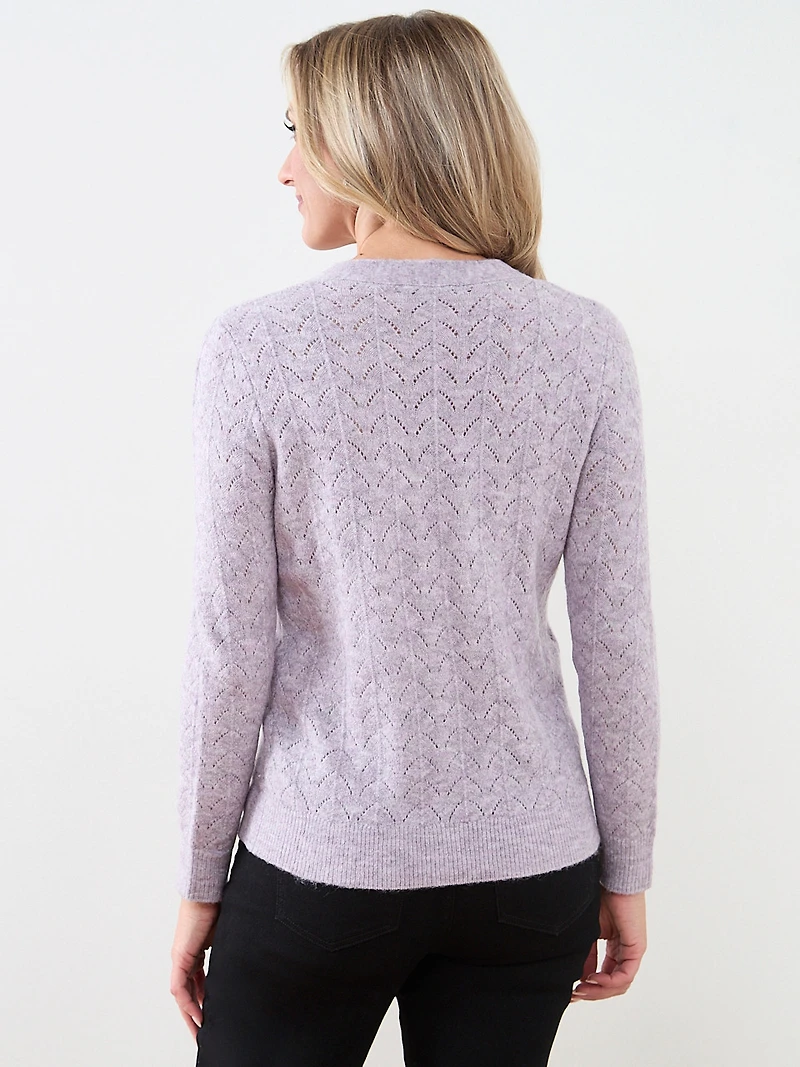 Pointelle Knit Flower-Button Cardigan